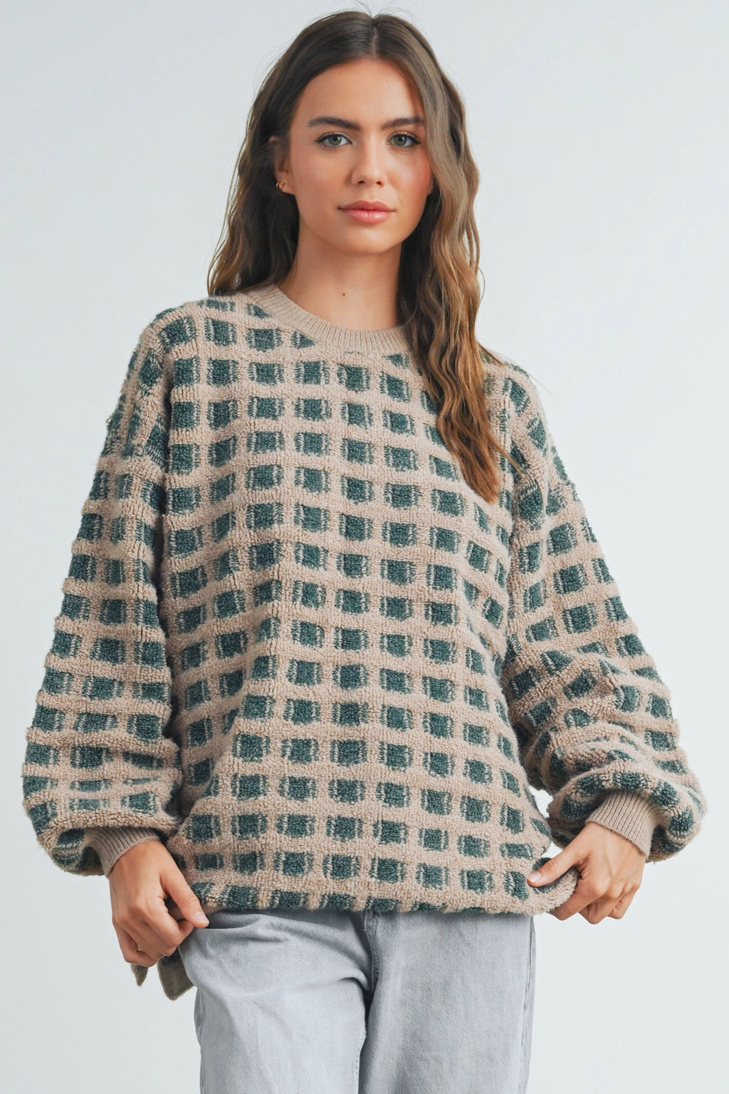 stylish boat neck tops for women -Checkered Oversized Sweater