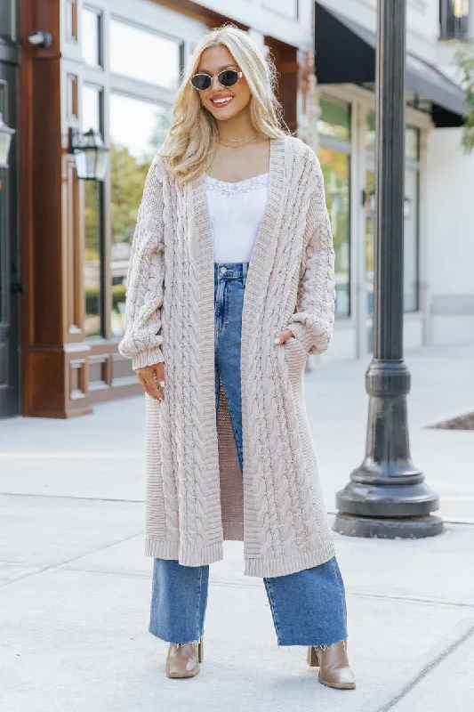 women's casual tops -Chunky Cable Knit Duster Cardigan - Light Beige