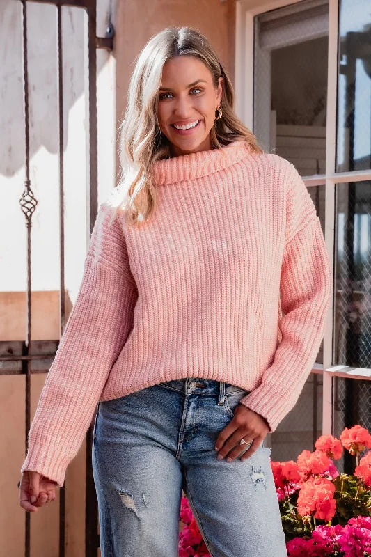 women's oversized graphic tops -Chunky Pink Ribbed Turtleneck Sweater