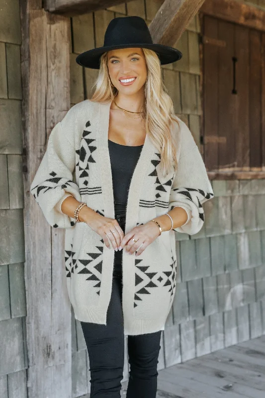 women's color block tops -Cream and Black Aztec Print Cardigan