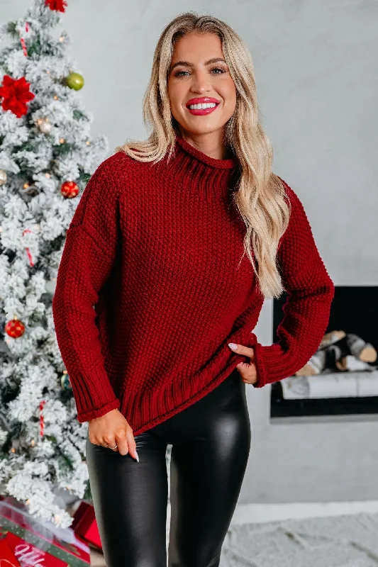 women's peplum tops -Dark Red Textured Turtleneck Sweater