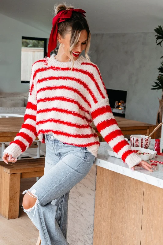 women's sequin tops -Fuzzy Red Striped Pullover Sweater