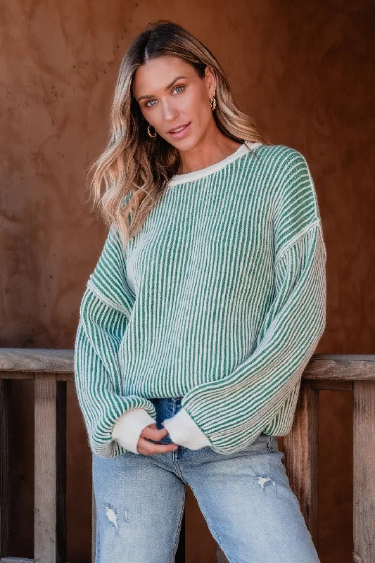 women's edgy tops -Green Striped Seam Detail Sweater