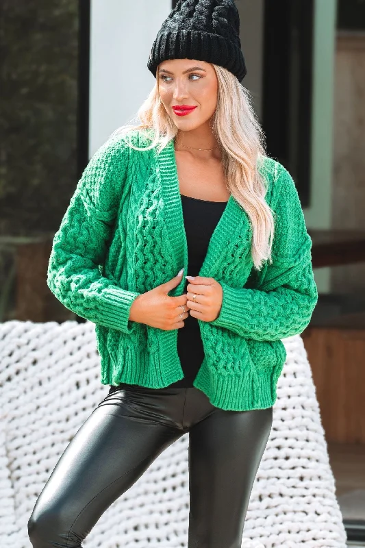 trendy keyhole tops for women -Holiday Cheer Green Cable Knit Cardigan