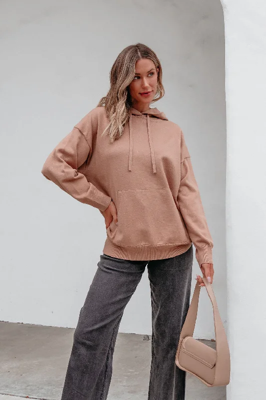 ladies' elegant tops -Light Brown Cashmere Hooded Sweater