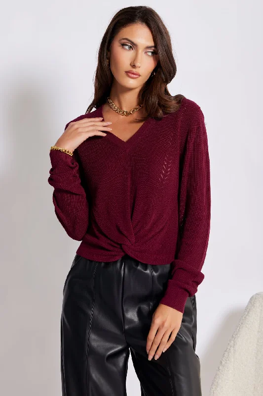 women's fitted ruched tops -Mateo Twist Front Sweater