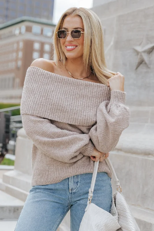 women's mesh tops -Mocha Off The Shoulder Ribbed Sweater