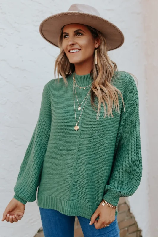 stylish bow detail tops for women -Mock Neck Green Seam Detail Sweater