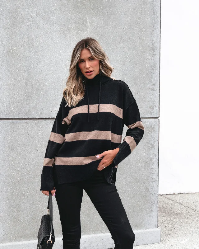 women's off-shoulder tops -Muse By Magnolia Black and Taupe Striped Hooded Sweater