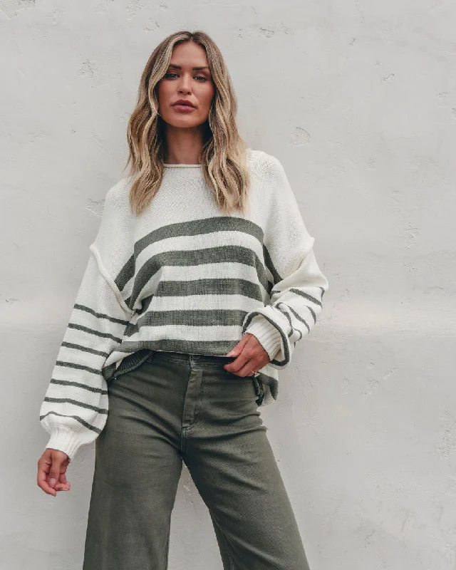 ladies' ruffled tops -Olive and Cream Striped Pullover Sweater