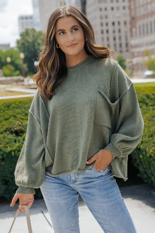 stylish wrap tops for women -Olive Exposed Seam Pocket Sweater