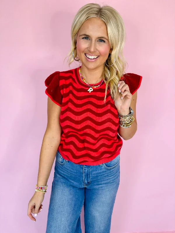 ladies' boho tops -WAVEY SWEATER TOP - CRANBERRY