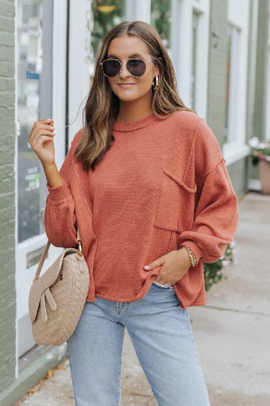 women's fitted blouses -Rust Exposed Seam Pocket Sweater