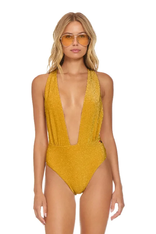 women's henley tops -SPARKLE COMO DEEP PLUNGE CROSS BACK WOMENS ONE PIECE - GOLD