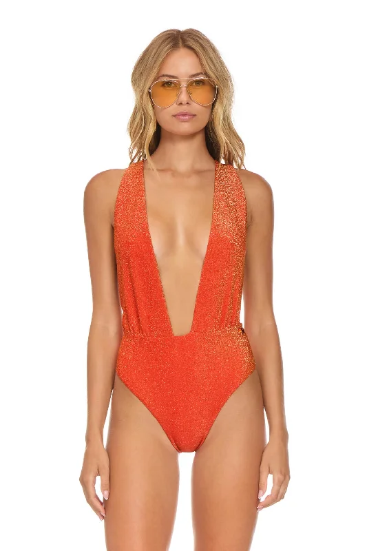 women's bustier tops -SPARKLE COMO DEEP PLUNGE CROSS BACK WOMENS ONE PIECE - HOT CORAL