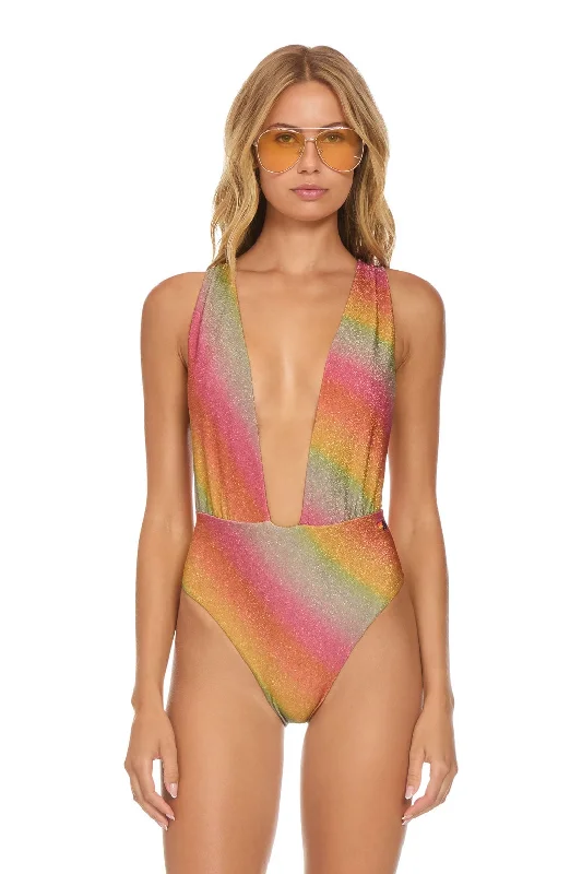 women's two-tone tops -SPARKLE COMO DEEP PLUNGE CROSS BACK WOMENS ONE PIECE - RAINBOW