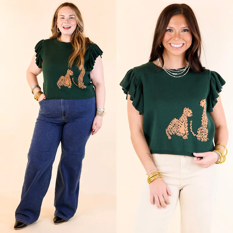 women's high-neck tops -Talk This Way Cheetah Print Sweater Top with Ruffle Cap Sleeves in Hunter Green