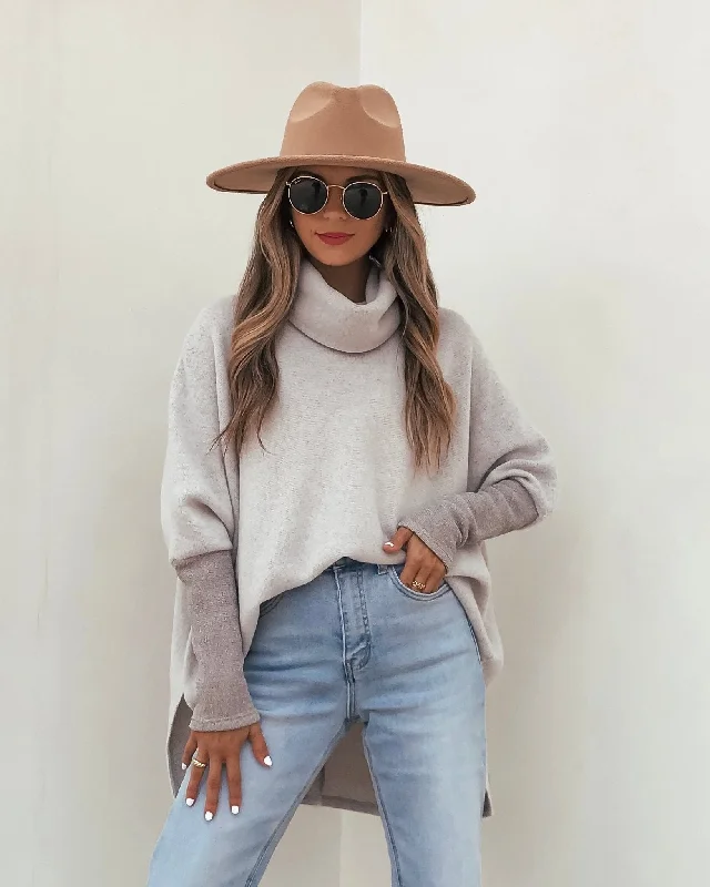 stylish casual tops for women -Taupe Color Block Turtleneck Sweater