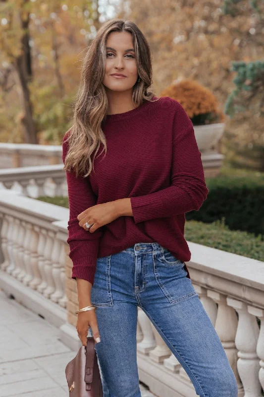 women's draped tops -The Mini Waffle Texture Ribbed Knit Sweater - Wine