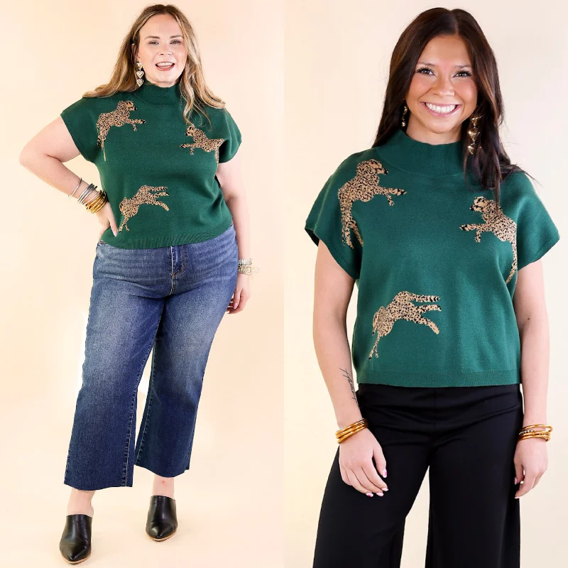 women's bell sleeve tops -Upscale Charm Cheetah Print Sweater Top in Hunter Green