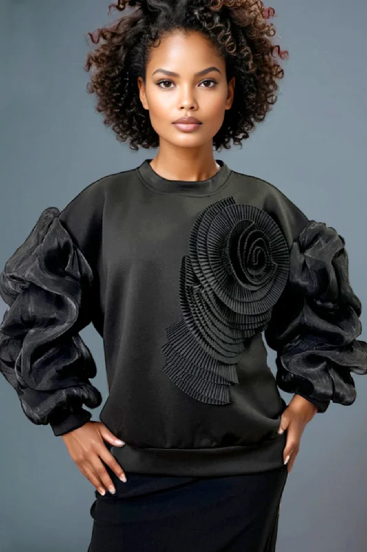 ladies' fitted tops -W5891 BLACK ROUND NECK OVERSIZED LONG SLEEVE SWEATER TOP