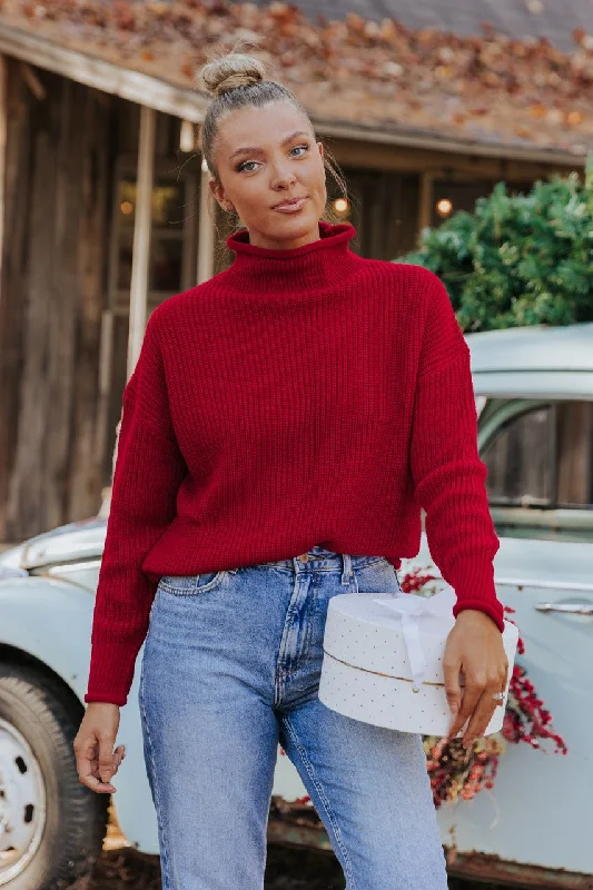 stylish cold shoulder tops for women -Winter Wonderland Red Mock Neck Sweater