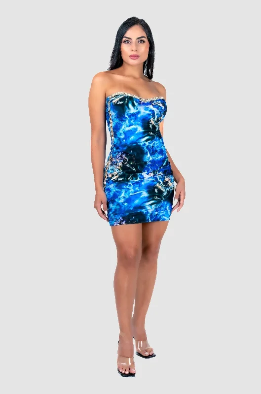 women's belted dresses -Amber Blue Marble Dress