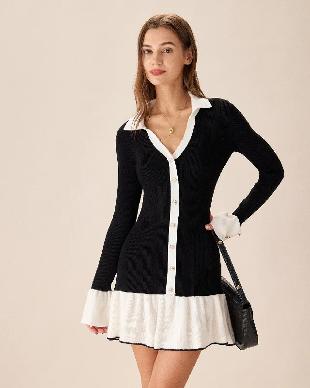 ladies' party dresses -Black Contrasting Bell Sleeve Sweater Dress