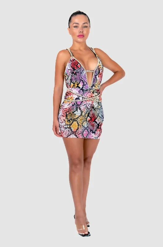 women's color block dresses -Keltie Colorful Snake Dress