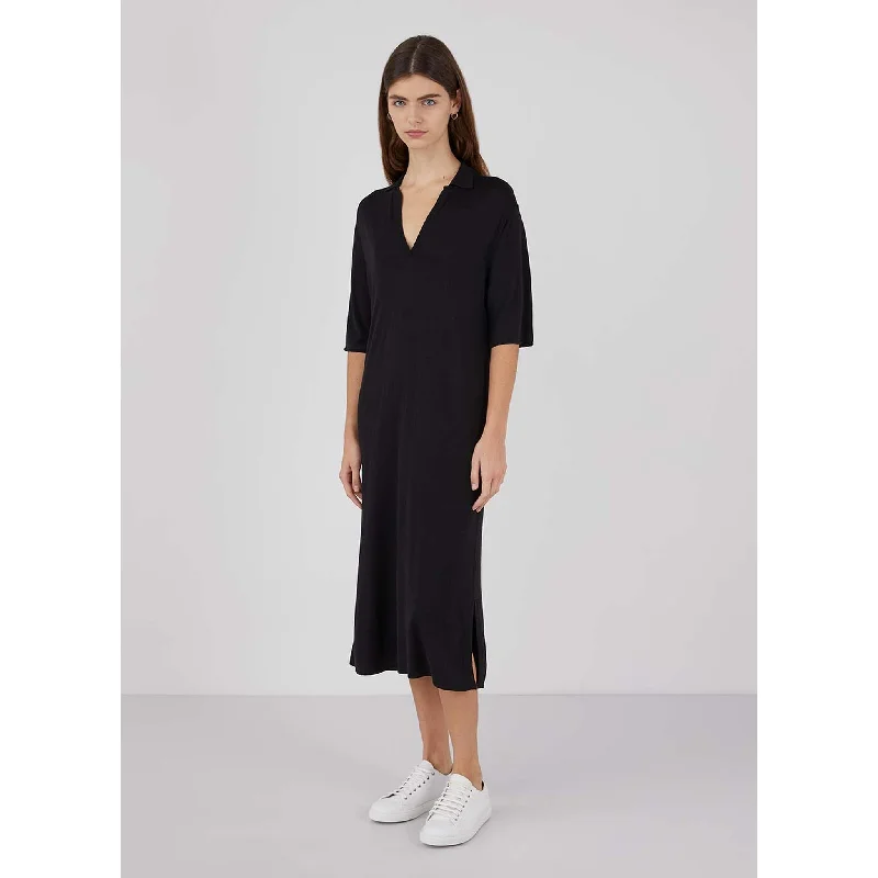 ladies' asymmetric hem dresses -Merino Silk Polo Dress | Women | Black