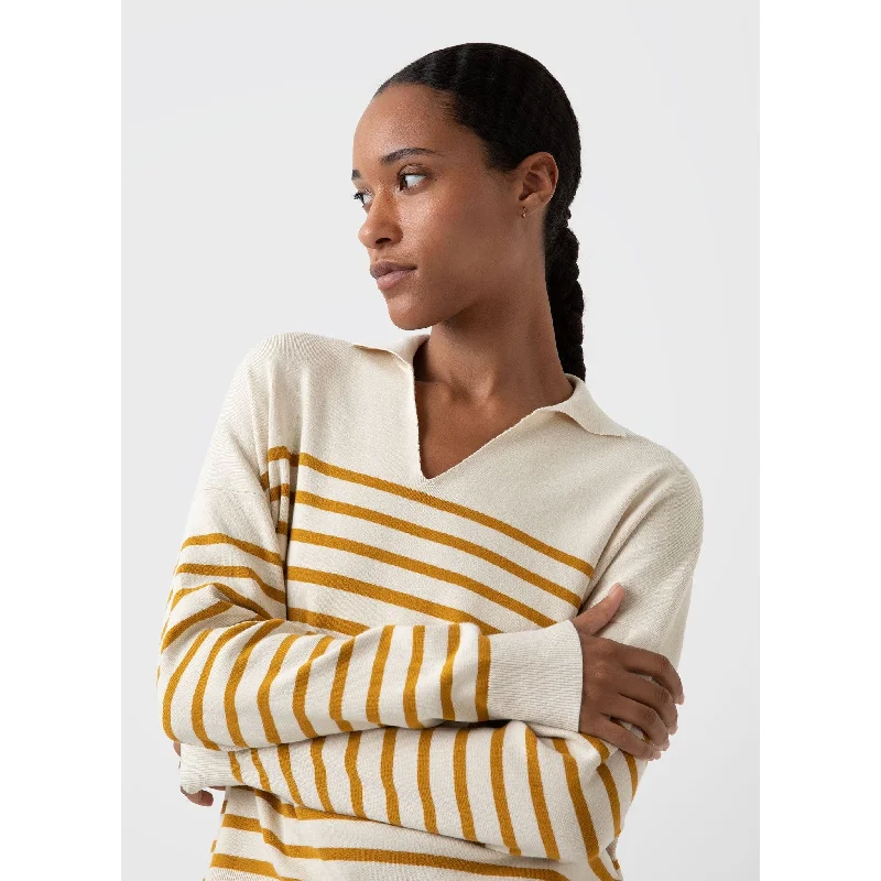 women's two-piece dresses -Open Neck Jumper | Women | Ecru x Cider Breton Stripe