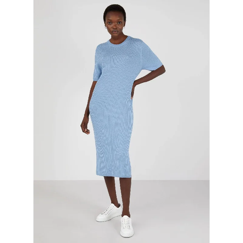 casual printed dresses for women -Rib Crew Dress | Women | Blue Mist