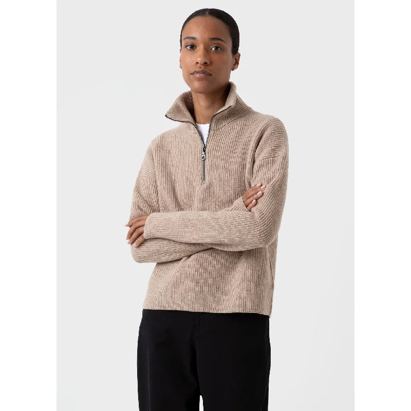 ladies' shift dresses -Wool Cashmere Rib Zip Neck | Women | Oatmeal Melange