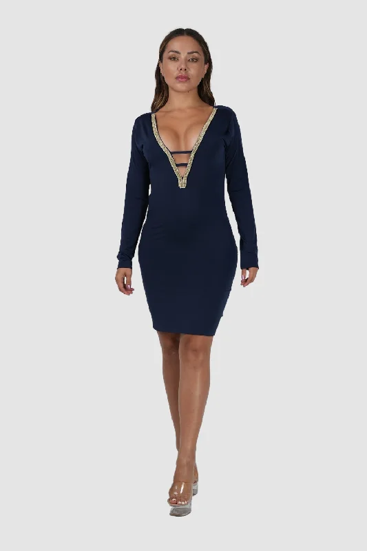 women's winter sweater dresses -Jennifer Navy Dress W Gold Trim