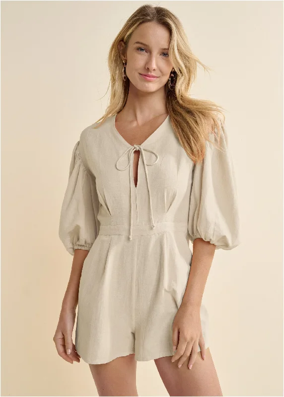 ladies' long sleeve dresses -Linen Balloon Sleeve Romper - Natural