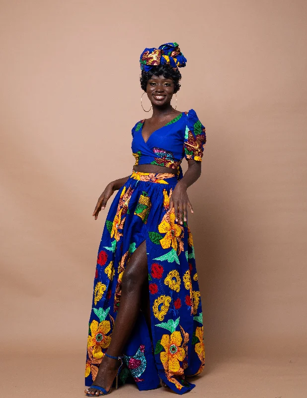 stylish frilled skirts for women -women's gothic skirts -Ann Ankara Maxi Skirt | Blue and Yellow African Print