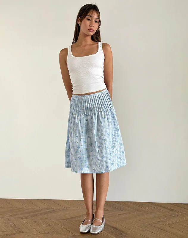 women's wrap skirts -women's palazzo pants -Asada Midi Skirt in Blue Flower Gingham