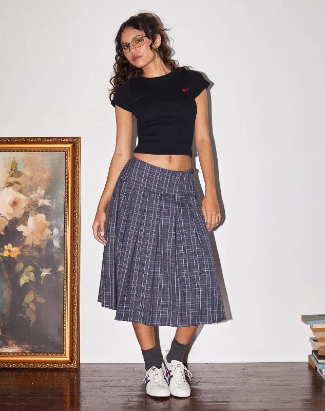 women's chiffon skirts -women's pencil skirts -Catelyn Pleated Midi Skirt in Navy Check