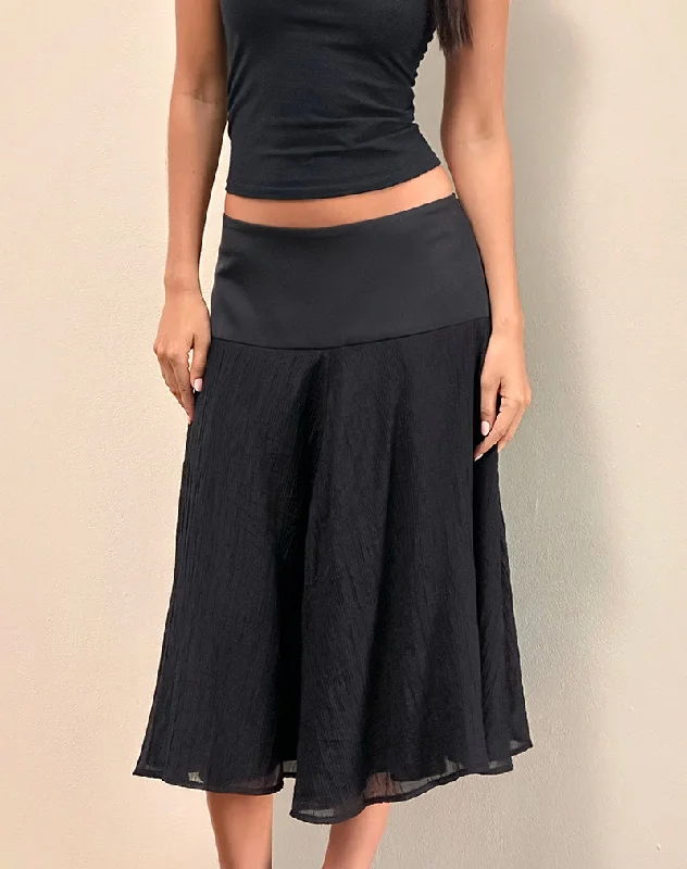 women's bubble skirts -women's harem pants -Diera Satin Chiffon Midi Skirt in Black