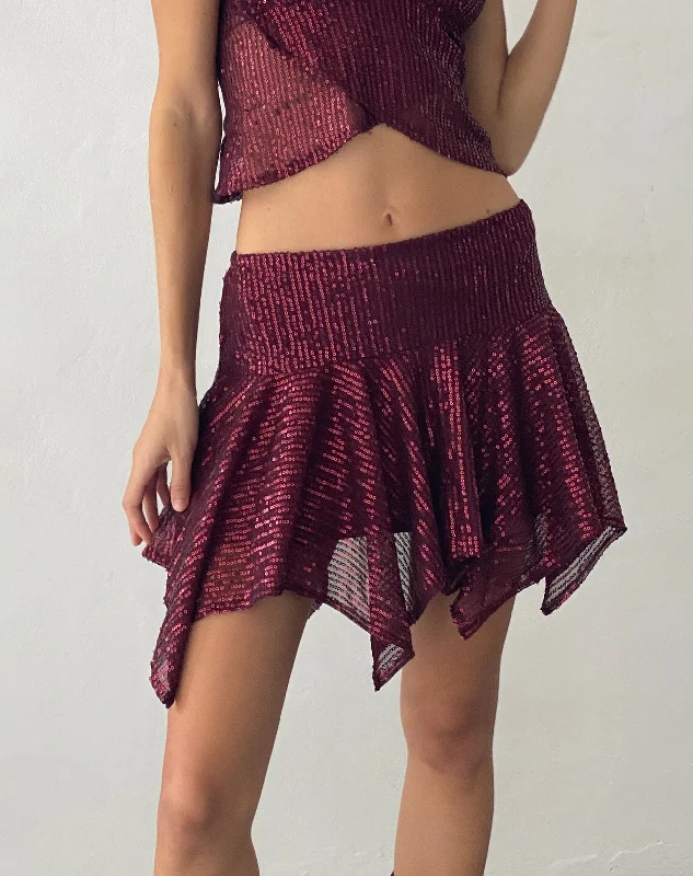 women's boho skirts -women's pleated skirts -Helga Waterfall Mini Skirt in Sequin Burgundy