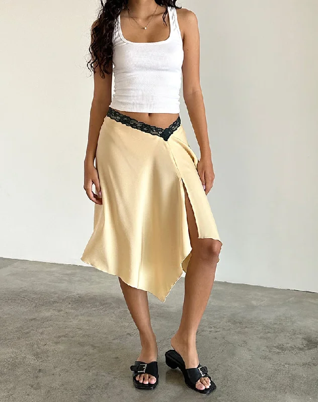 women's high-waisted skirts -women's high-waisted jeans -Houda Midi Skirt in Buttermilk with Grey Lace