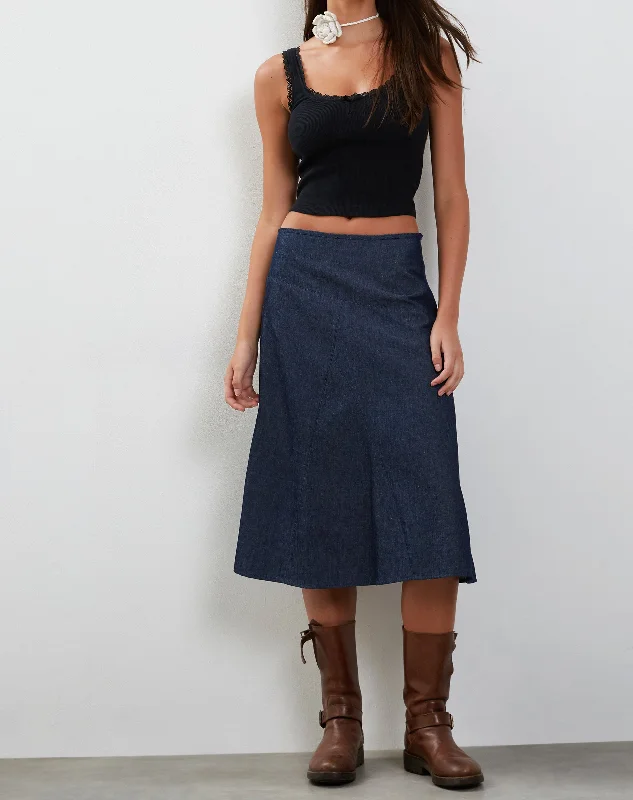 women's boho skirts -women's pleated skirts -Imbrella Denim Midi Skirt in Dark Indigo