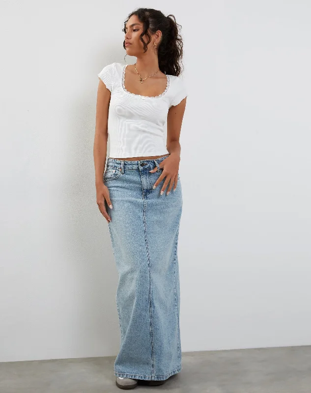 women's simple minimalist skirts -women's formal palazzo pants -Low Rise Denim Maxi Skirt in Bleach Denim