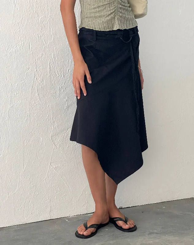 women's asymmetrical wrap skirts -women's wrap skirts -Nejusi Asymmetric Midi Skirt in Black with Braided Belt