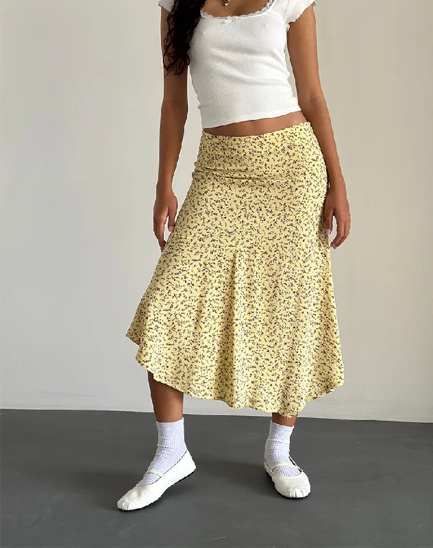 women's sporty tennis skirts -women's sequin pants -Rans Waterfall Hem Midi Skirt in Flowing Flower Yellow