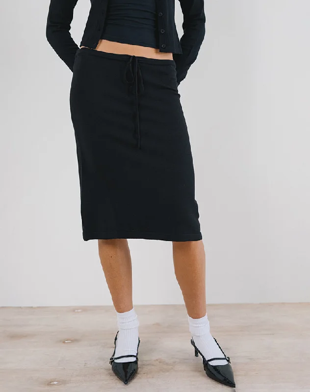 women's button-down skirts -women's knitted skirts -Rella Midi Skirt in Flat Knit Black