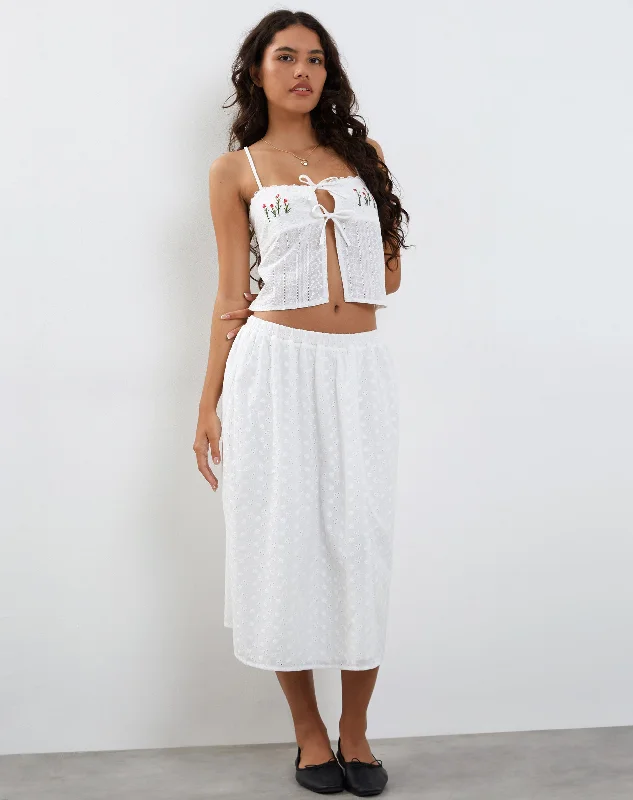 stylish beach skirts for women -stylish flowy skirts for women -Rusma Midi Skirt in White Broderie