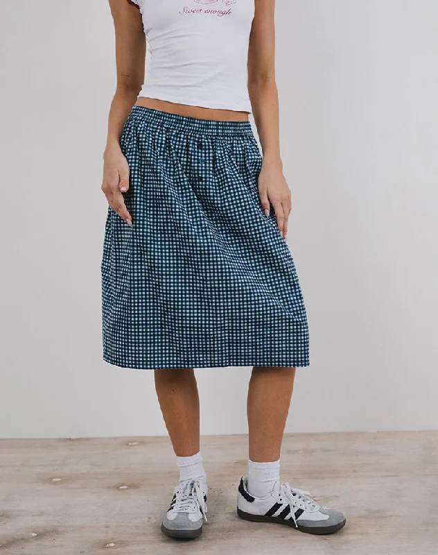 women's off-shoulder skirt sets -women's paperbag waist pants -Sanjina Midi Skirt in Mini Dark Blue Gingham